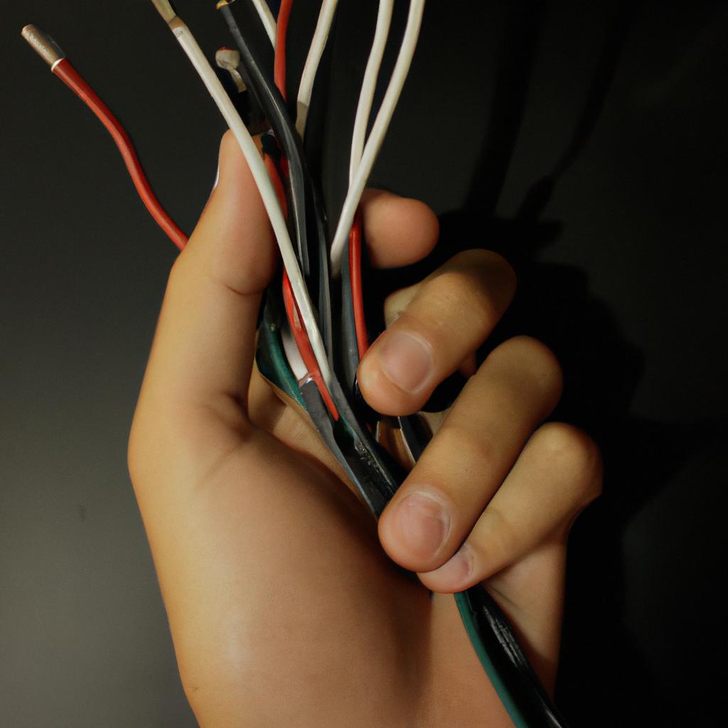 Person holding electrical wires, studying