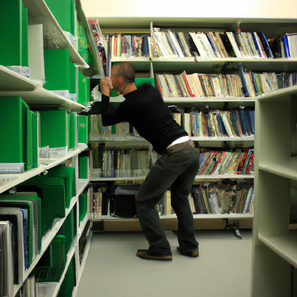 Person researching in library stacks